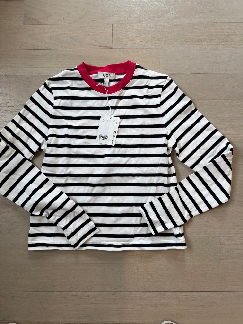 COS Striped Tee Women Small White Black Slim Fit Heavyweight Long Sleeve T-shirt